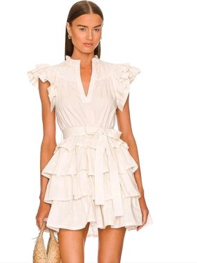 Ulla Johnson Ruffle Tiered Mini Split Neck Belted Dress White